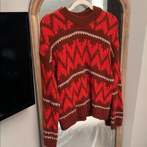 THE GREAT. Red and Brown Patterned Crewneck Sweater